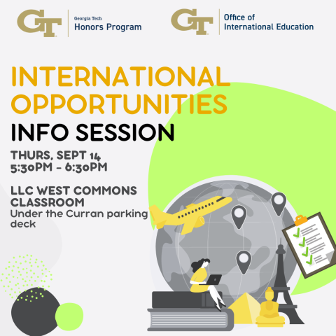 A flyer for the Honors Program international opportunities info session co-hosted by the Office of International Education. Image includes text promoting the event, as well as an illustrated woman sitting on a pile of books in front of a globe, an airplane, and the Eiffel Tower.